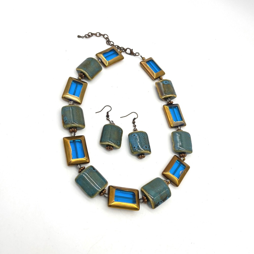 Artisan Teal Glazed Ceramic & Blue Glass Chunky Necklace and Earring Set
